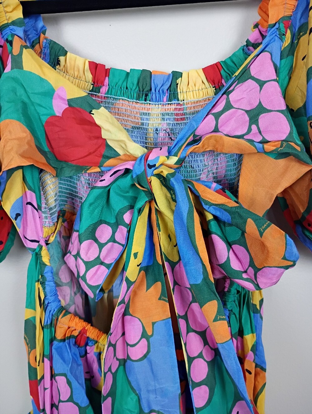 FARM Rio Multicolor Fruit Landscape Smocked Puff Sleeve Midi Dress Size Medium - Picture 10 of 14
